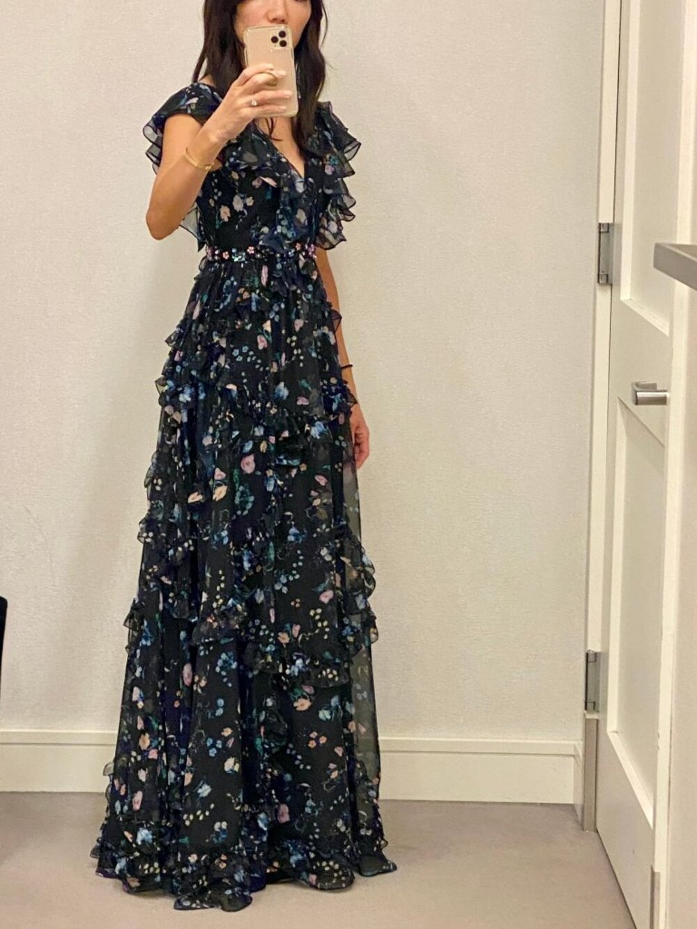 Mac Duggal Floral Ruffle Maxi Gown worn once
